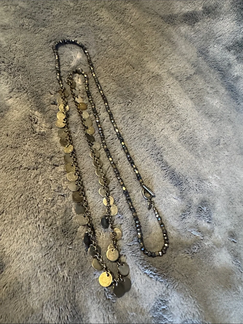 Gun Metal Grey Two-Way Necklace, Features Discs, OT Closure